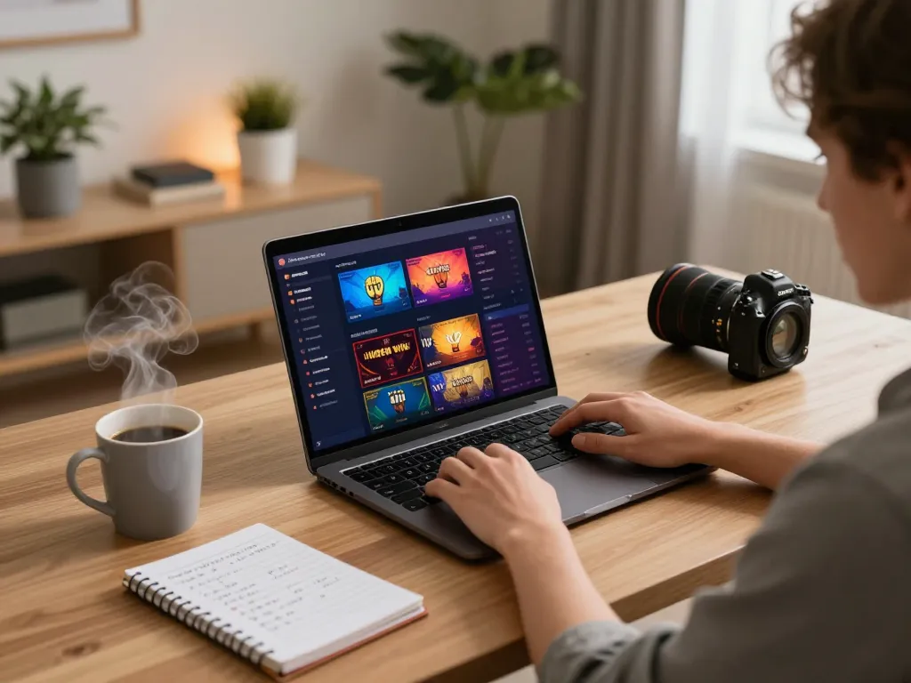 Player exploring hidden wiki links on a laptop while sipping coffee in a cozy gaming setup.