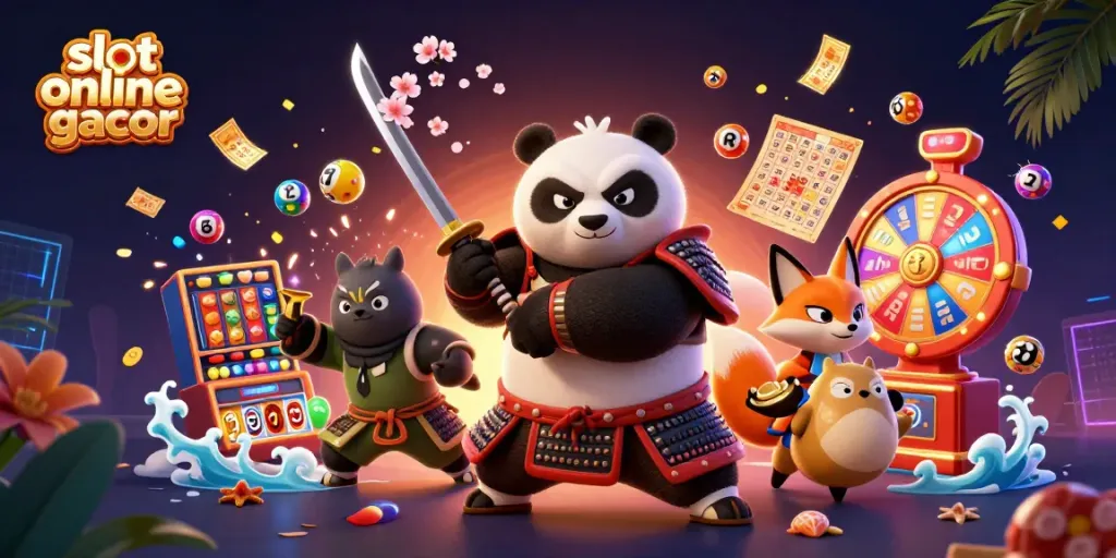 Engage with slot online gacor environments featuring a samurai panda and magical elements exemplifying gaming excitement.