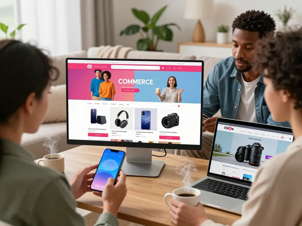 Customers exploring diverse products on https://hubet88.icu/ in a cozy living room setting, demonstrating online shopping excitement.