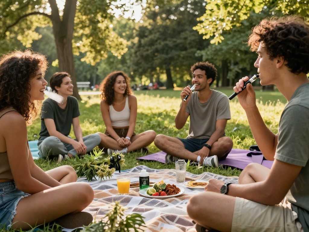 Friends using vape weed in a natural outdoor setting, enjoying organic wellness and relaxation.
