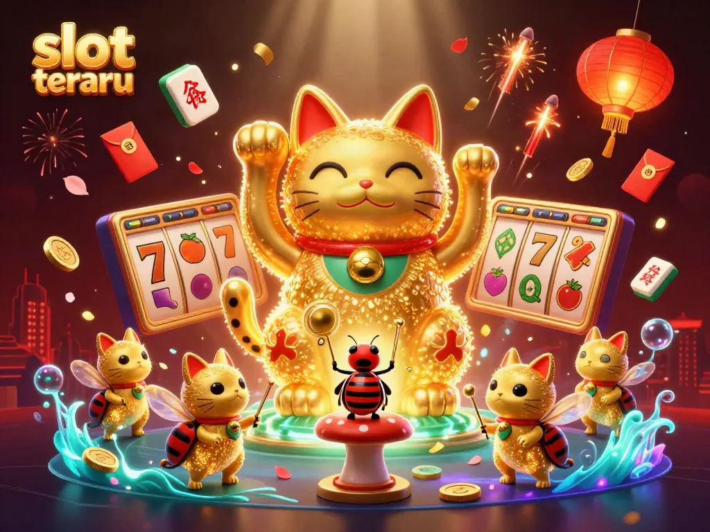 Permainan slot terbaru dengan simbol keberuntungan dan karakter lucu dalam ilustrasi kasino yang dinamis.