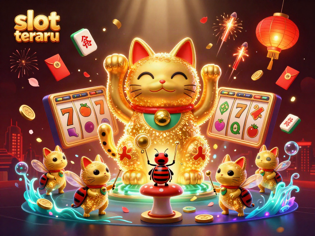 Permainan slot terbaru dengan simbol keberuntungan dan karakter lucu dalam ilustrasi kasino yang dinamis.