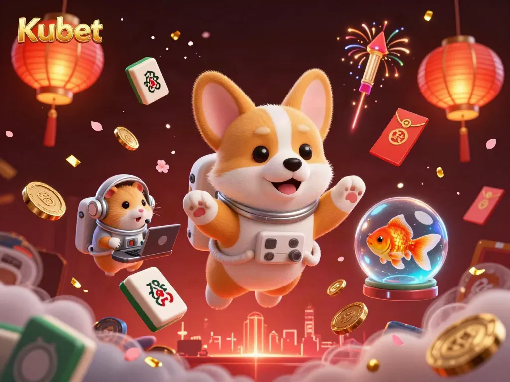 Kubet showcases a creative 3D cartoon scene with an astronaut corgi in a casino, surrounded by lively gambling elements.