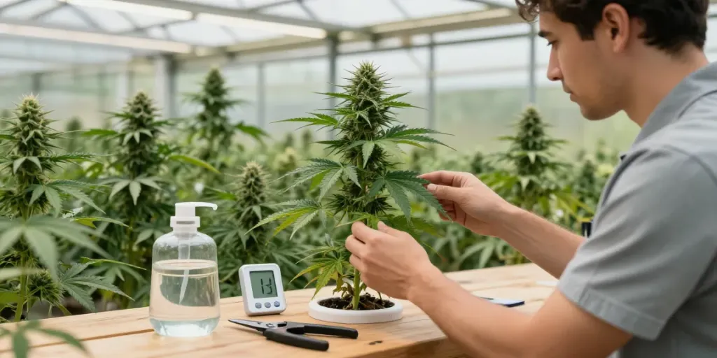 Cannabis strains UK greenhouse with vibrant plants and expert grower inspecting them.