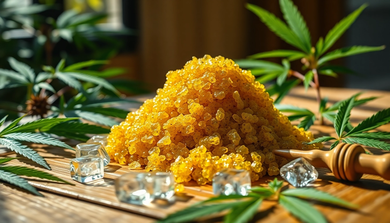 Enjoy premium bubble hash online, showcased with cannabis leaves and ice water.