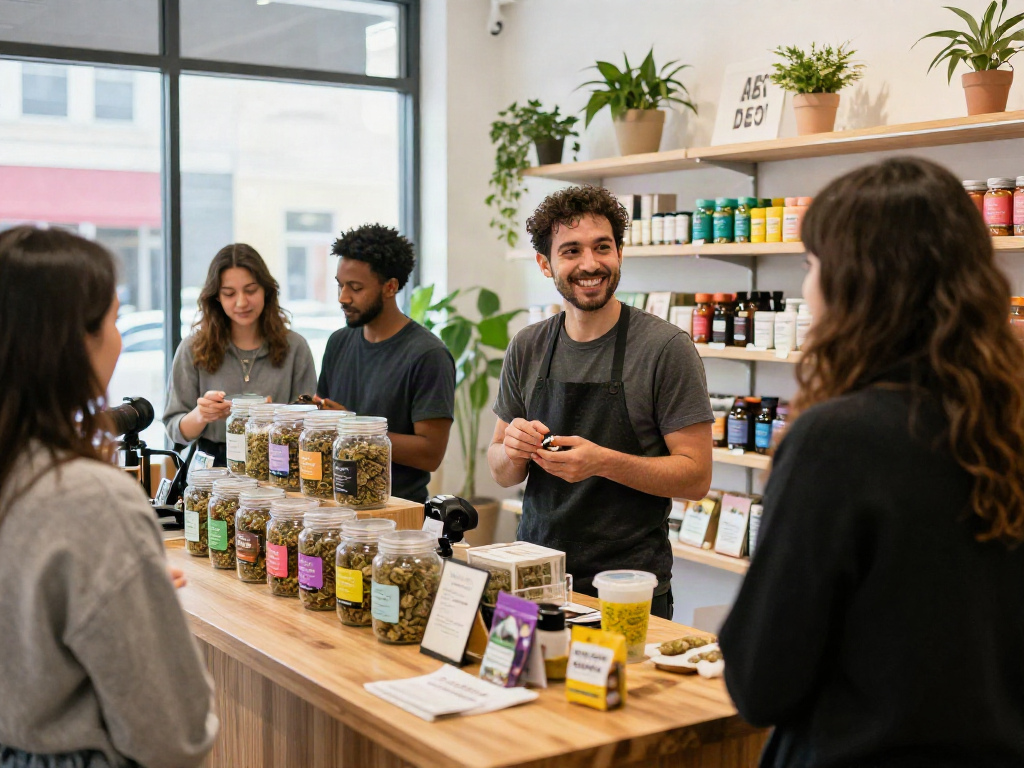 Cheapest weed in Winnipeg showcased in a vibrant cannabis dispensary with budtender helping customers.