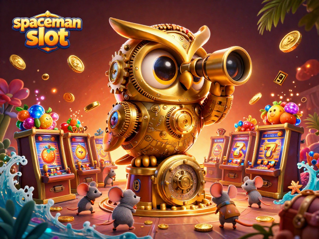 Spin to win with the spaceman slot, featuring a golden owl, vibrant elements, and brass reels.