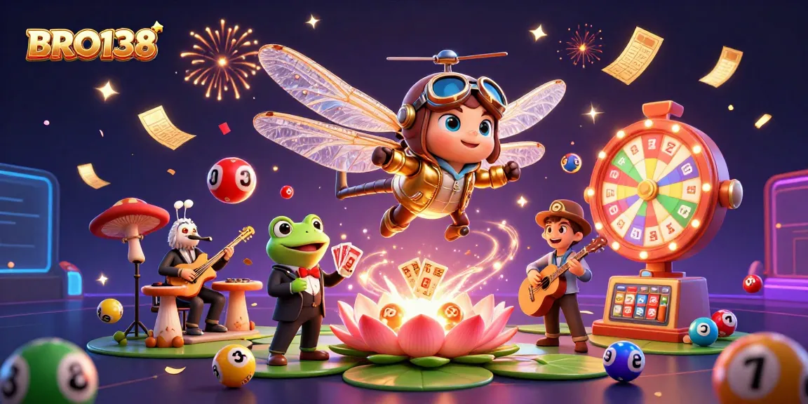 BRO138 captivates players with its vibrant scene of a dragonfly pilot, frog croupier, and jazz musicians in a lively casino.