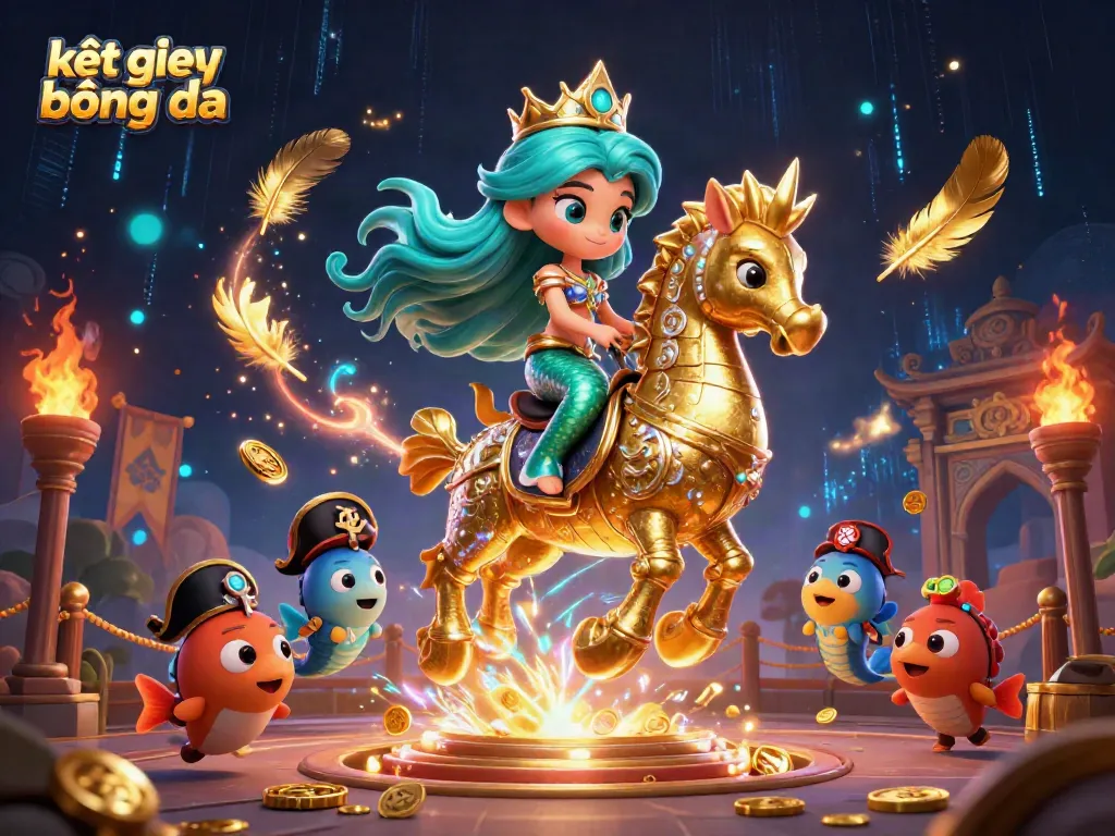 Kết quả bóng đá is dynamically captured with a magical scene depicting a mermaid princess and giant seahorse in a vibrant underwater arena.
