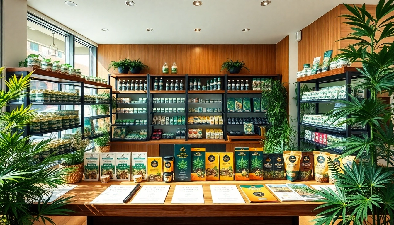 Find where can i buy weed near me with a vibrant cannabis shop display featuring products and strains.