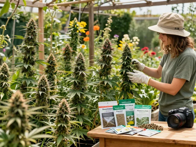 Vibrant outdoor cannabis cultivation showcasing diverse cannabis genetics with a grower inspecting premium plants.