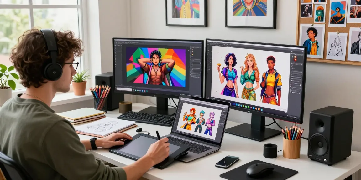 Artist creating NSFW digital designs in vibrant studio for ai nsfw artistic expression.
