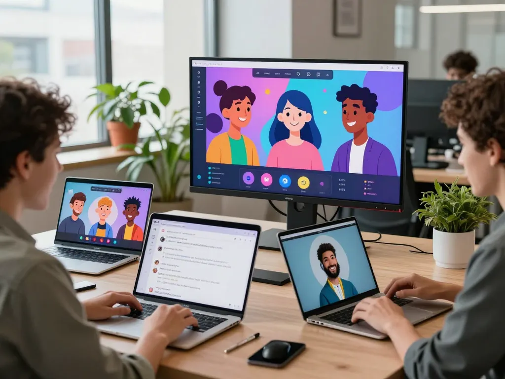 Engaging scene of diverse individuals using Spicychat in a modern workspace to interact with AI characters.