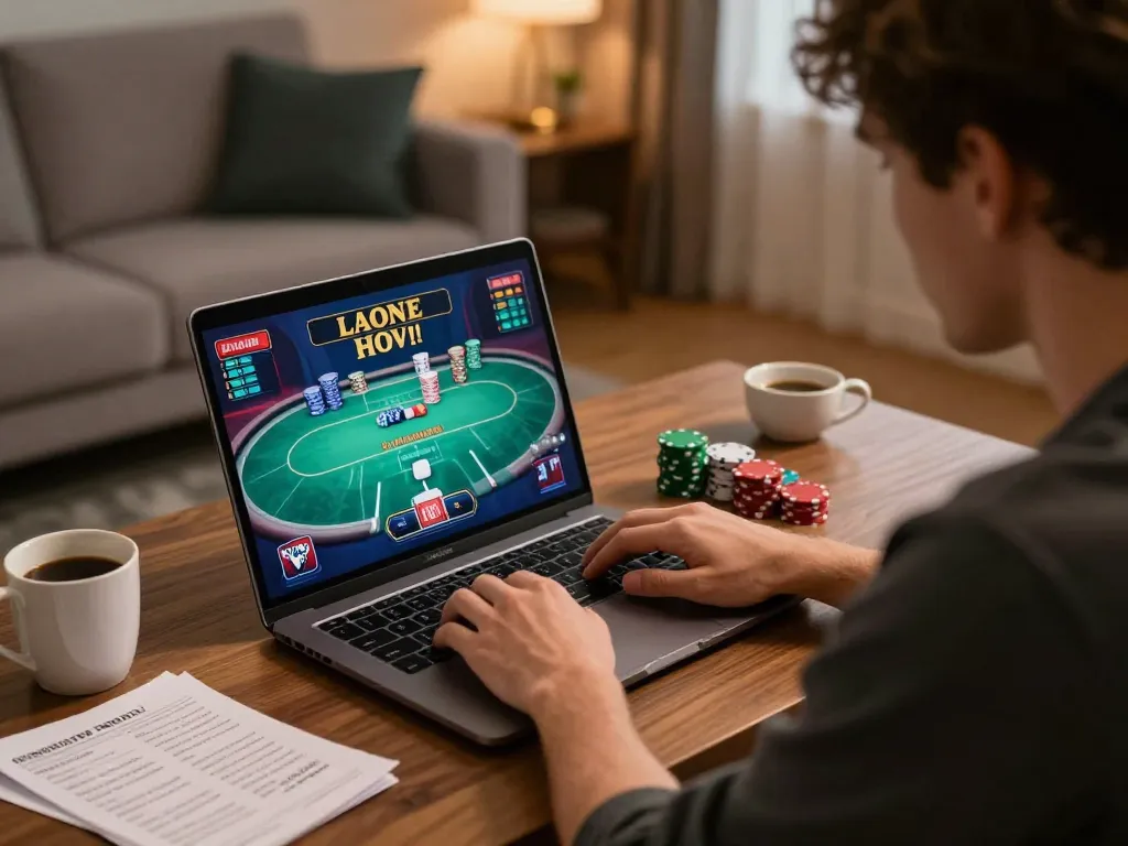 Engaged player at home enjoying go8s online poker game in a cozy atmosphere.