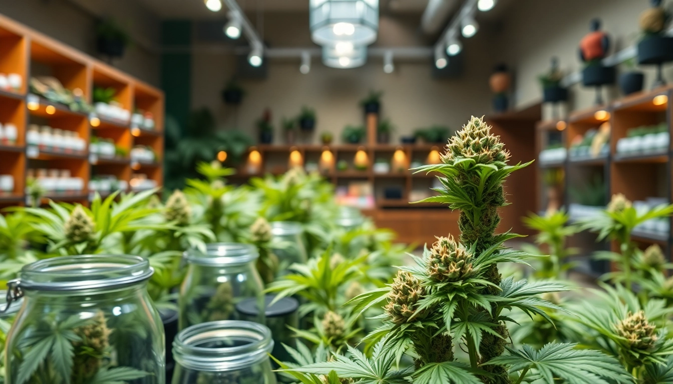 Buy cannabis uk in a stylish dispensary with vibrant products showcased.