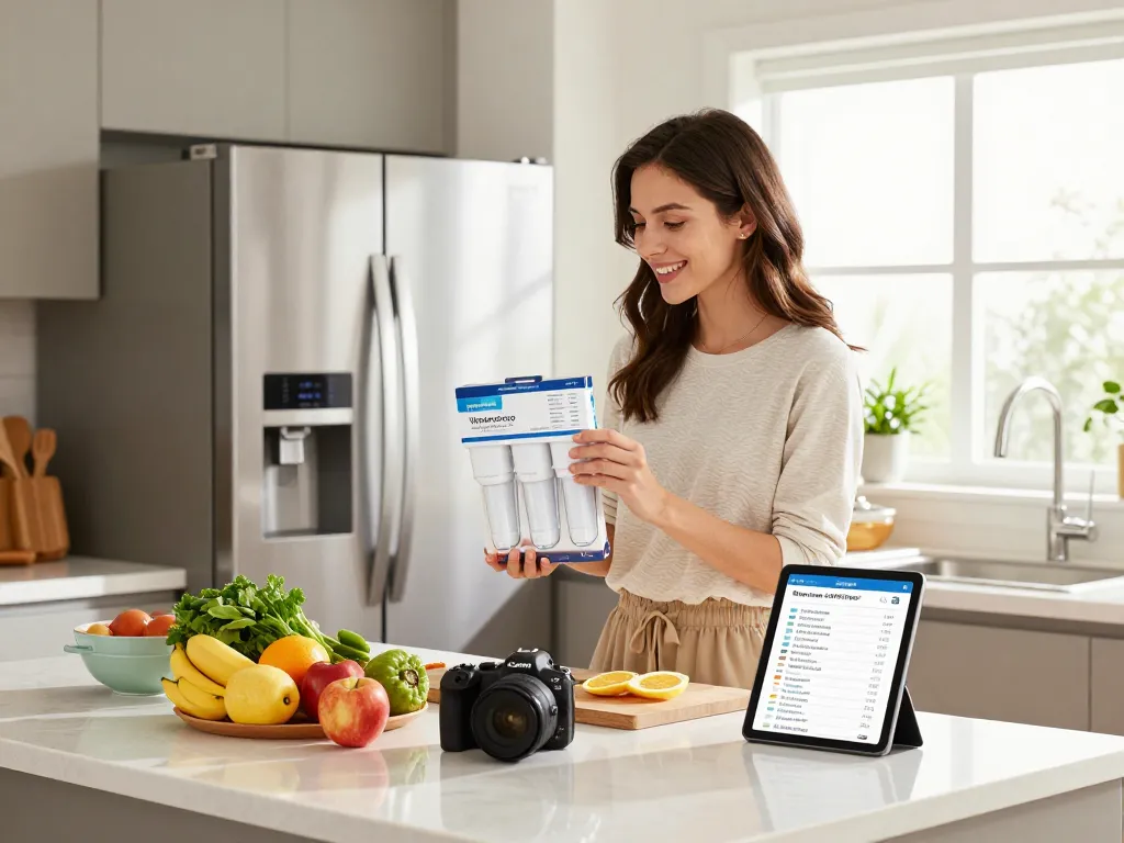 Homeowner examining the Waterdrop LT1000PC ADQ747935 MDJ64844601 Refrigerator Water Filter in a modern kitchen.