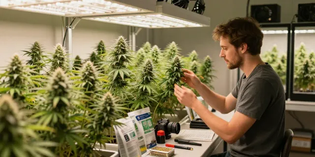 Cannabissamen kaufen in a vibrant indoor grow room with a knowledgeable grower inspecting healthy plants.