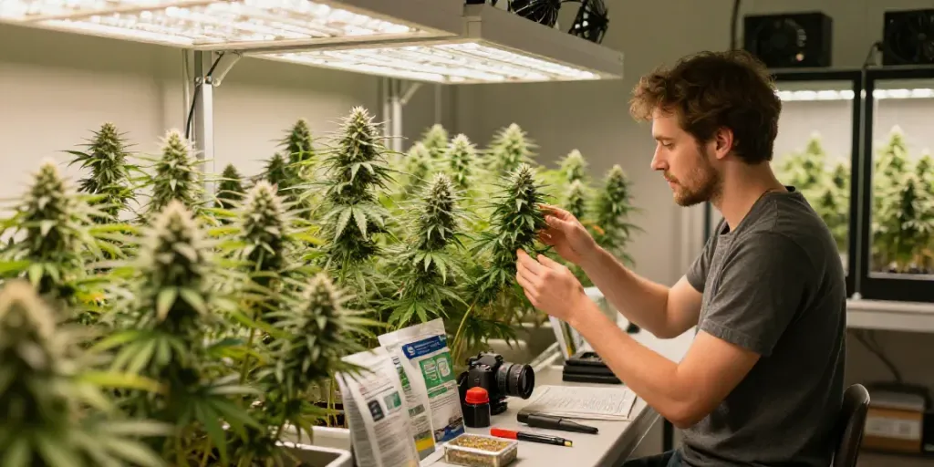 Cannabissamen kaufen in a vibrant indoor grow room with a knowledgeable grower inspecting healthy plants.
