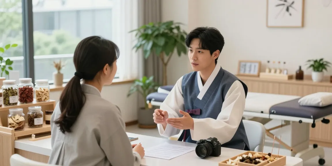 Patient consultation at 수원한의원 with traditional remedies and modern healthcare.