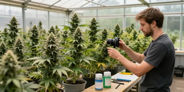 Exploring cannabis strains UK in a lively greenhouse with a grower inspecting plants.