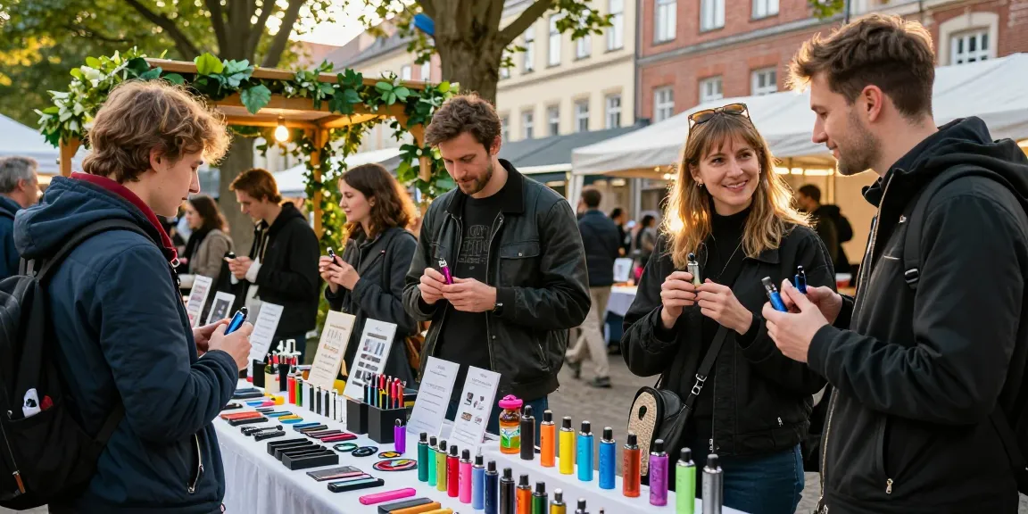 Vapes Italien in einem lebhaften Marktplatz mit vielfältigen Optionen und zufriedenen Kunden.