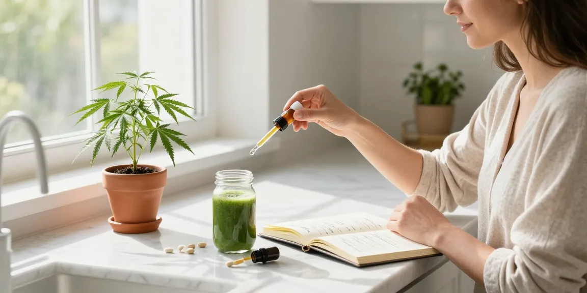 Ministry of Cannabis CBD oil tincture in a bright kitchen with organic wellness elements and fresh hemp plant.