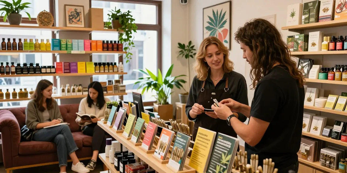 Cannabis Prerolled Joints for sale Europe showcased in a vibrant European dispensary, friendly budtender assisting customers.