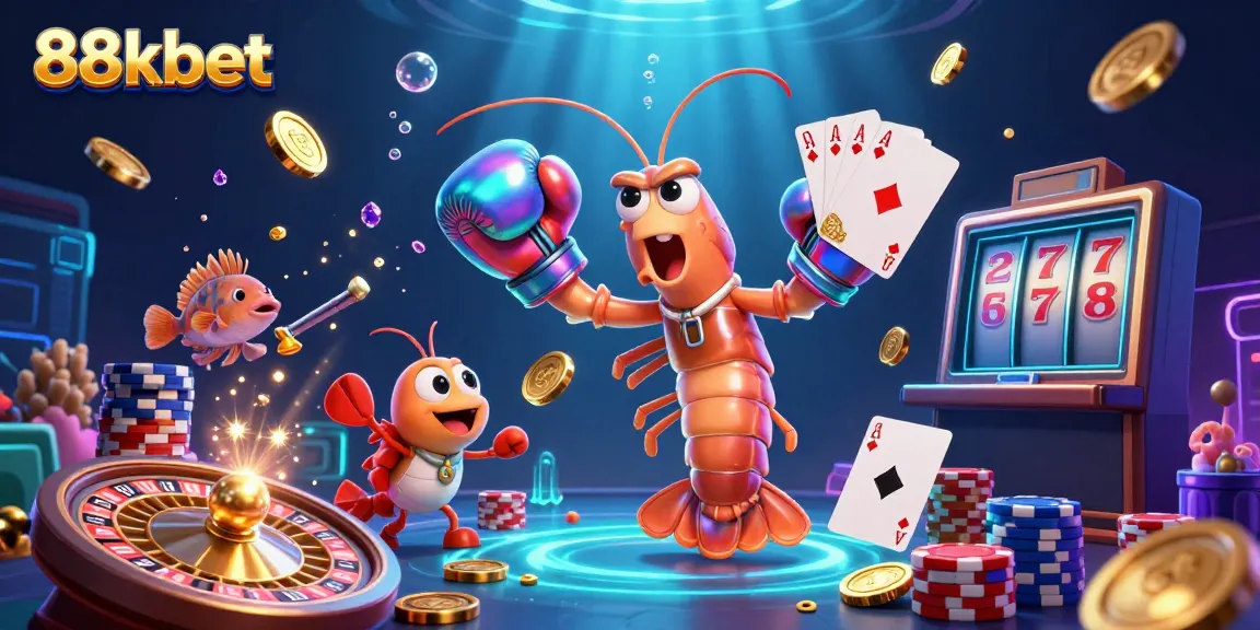 88kbet features vibrant cartoon elements with shrimp characters engaging in casino games and winning excitement.