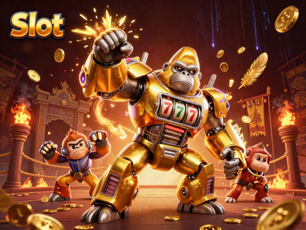 Gorila emas dan mesin slot beraksi, memberikan pengalaman bermain game Slot yang memikat.
