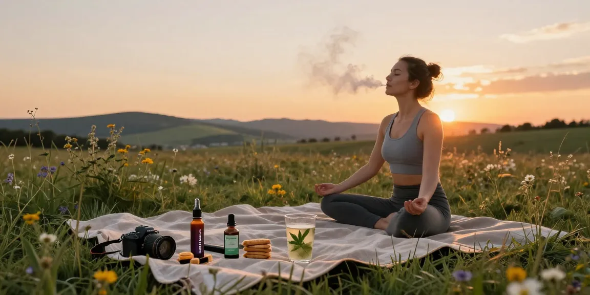 Cookies disposable vape pen 1g in a serene outdoor yoga scene, emphasizing natural wellness, quality cannabinoids, and harmonious relaxation.