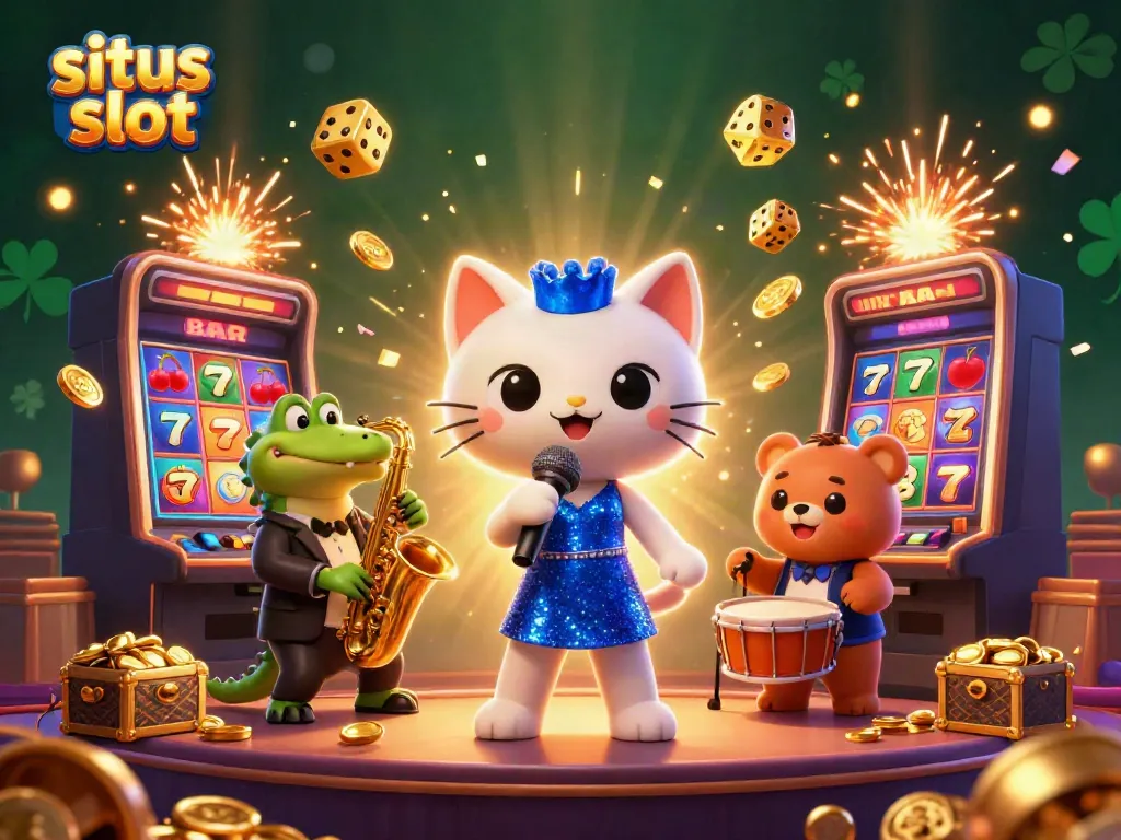 Menyaksikan situs slot dengan karakter kucing penyanyi jazz, buaya, dan beruang cub bermain di kasino yang penuh keceriaan.
