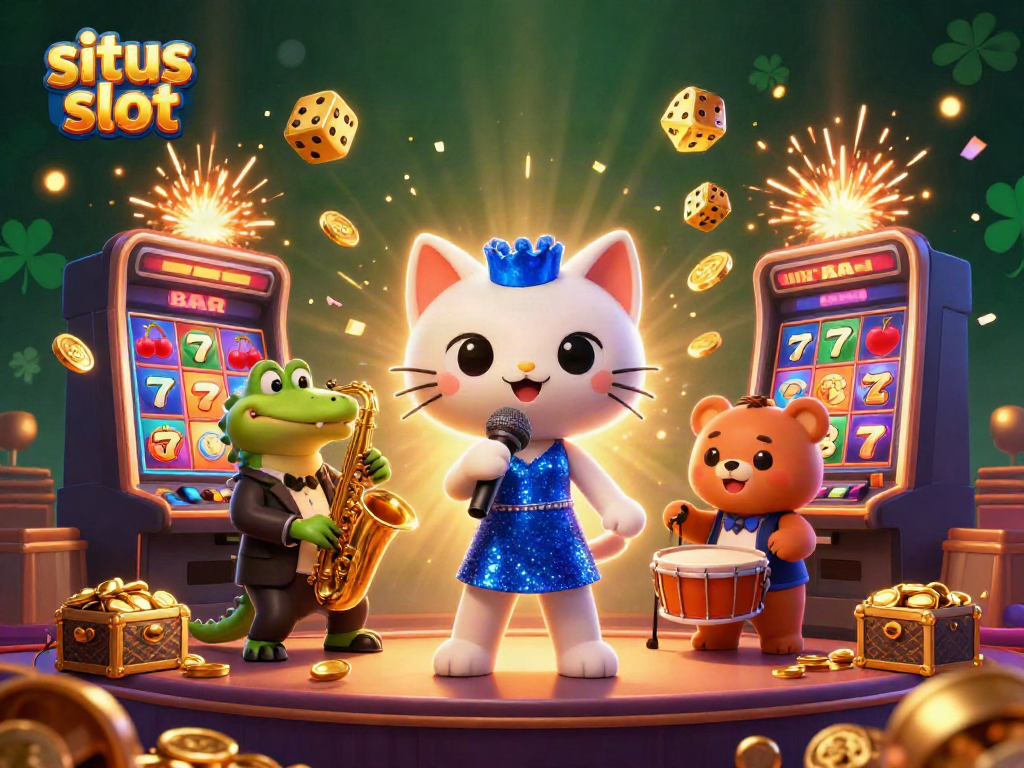 Menyaksikan situs slot dengan karakter kucing penyanyi jazz, buaya, dan beruang cub bermain di kasino yang penuh keceriaan.