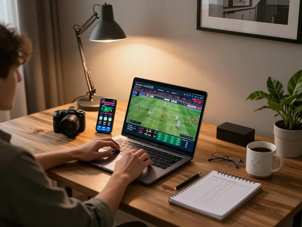 RR88 user engaged in dynamic sports betting using laptop and smartphone in a modern home office.