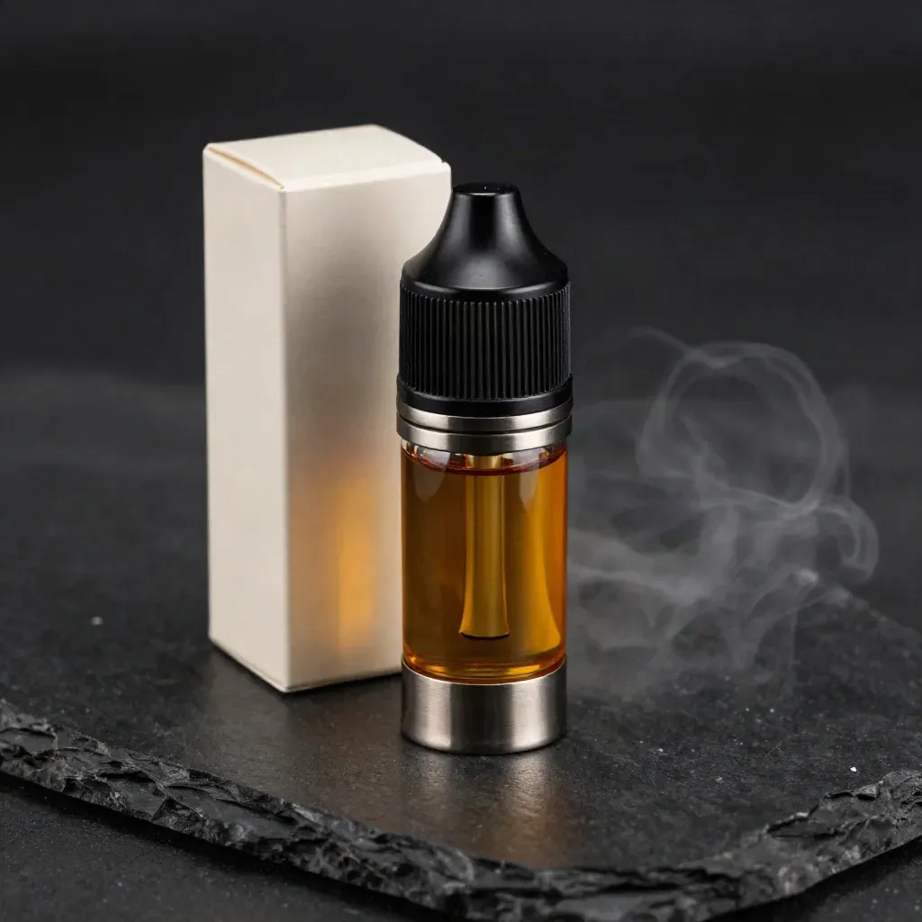 OG Kush vape cart beside its box and stand in a dark dramatic studio