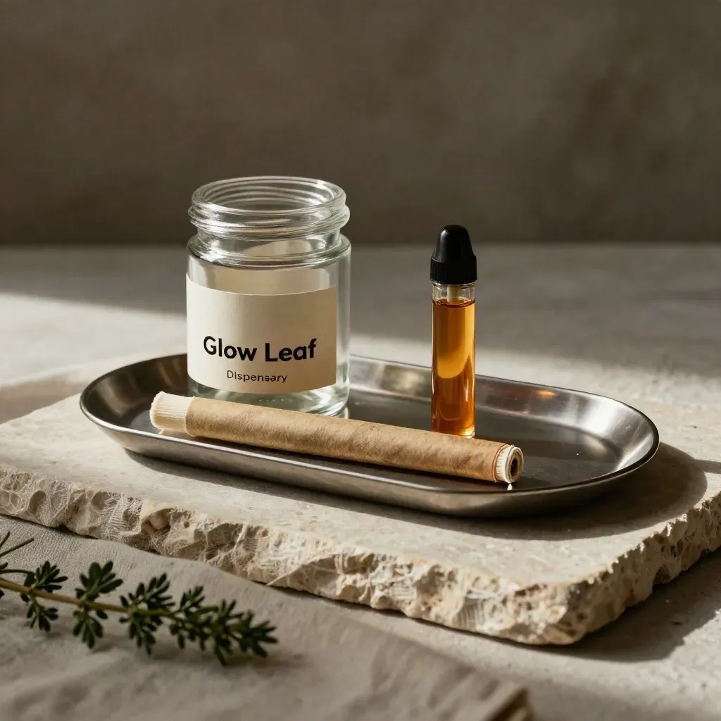 Sealed flower jar, pre-roll, vape cart and tray on stone with soft green accents