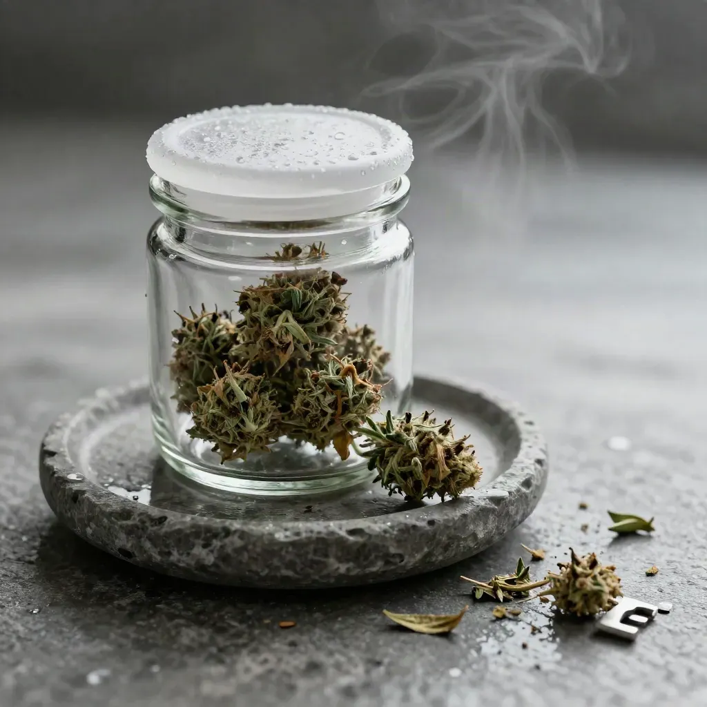 Macro of a clear cannabis jar in wet stone with green buds and leaf fragments, lit dramatically.