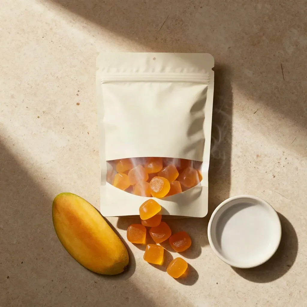 Overhead flatlay of mango gummies pouch, fanned chews, dried mango slice and cream dish on travertine.