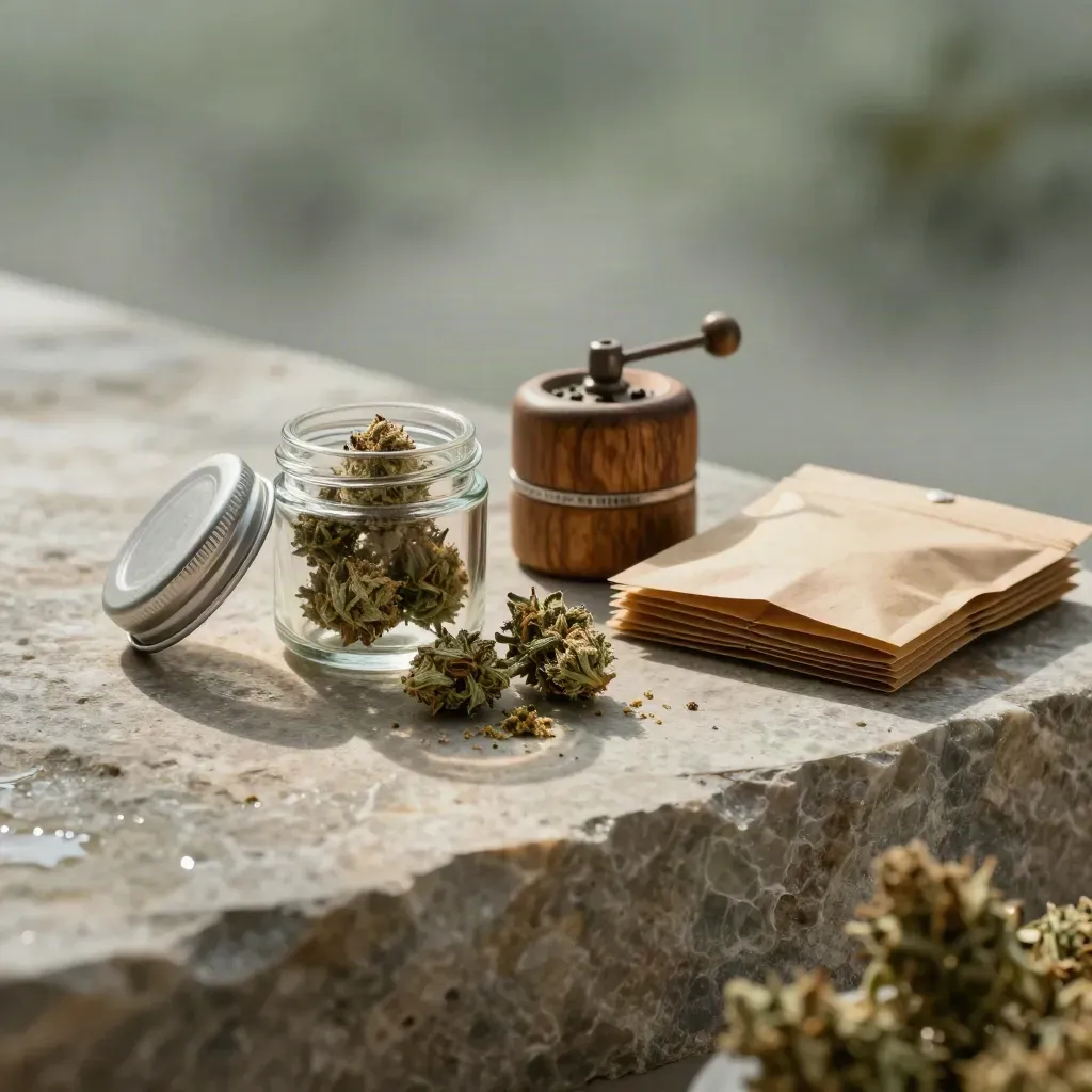 Open glass jar of Blue Dream buds with grinder, papers and kraft pouch on rain-washed stone at dawn.