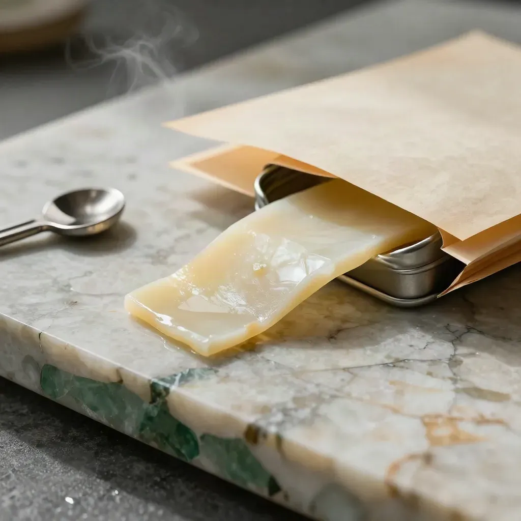 Macro of an open rosin tin with glossy slab, parchment squares and a scoop on chilled stone.