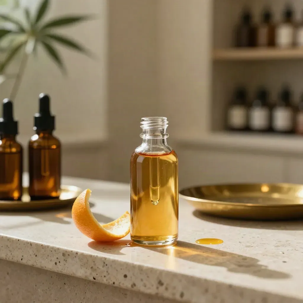 Clear tincture bottle with dropper, citrus peel, and amber spill on travertine in soft daylight
