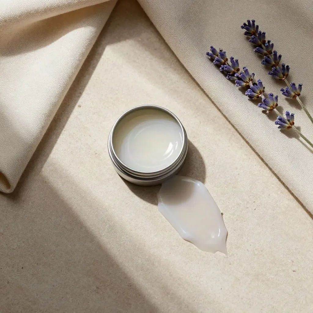Overhead flatlay of an open lavender balm tin with cloth and lavender stems on pale stone.