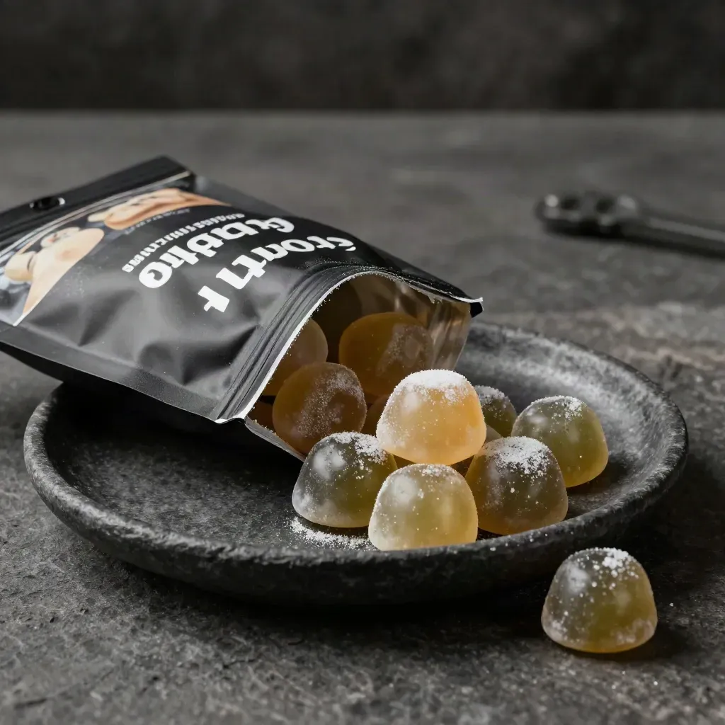 Dark gummy pouch spilling round gummies into a matte ceramic dish on stone.