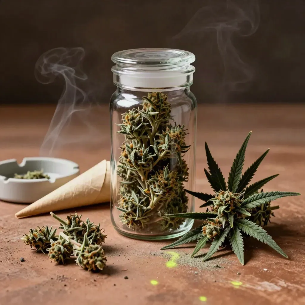 Clear cannabis flower jar with loose buds, paper cone and ashtray in dramatic low light.