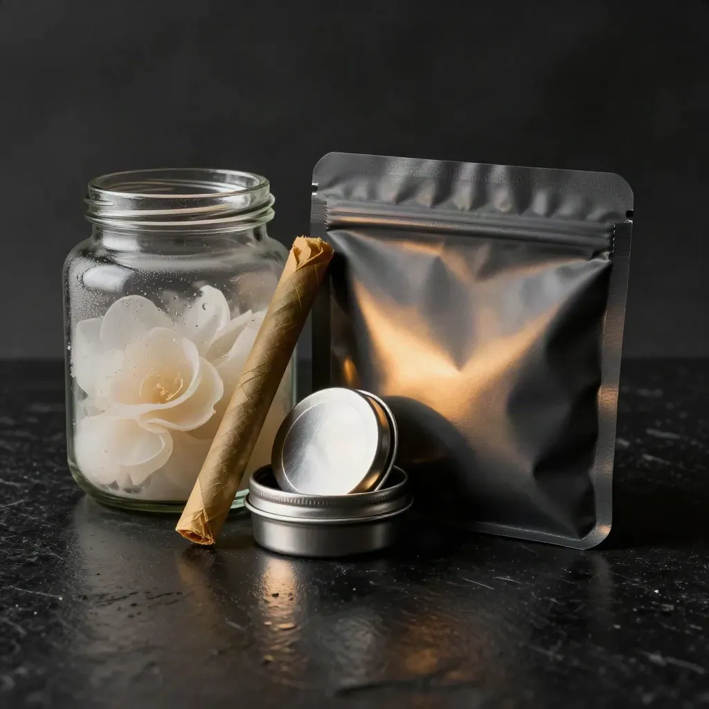 Dark dramatic cannabis product cluster: flower jar, pre-roll pack, edibles tin, and pickup pouch on matte black stone.