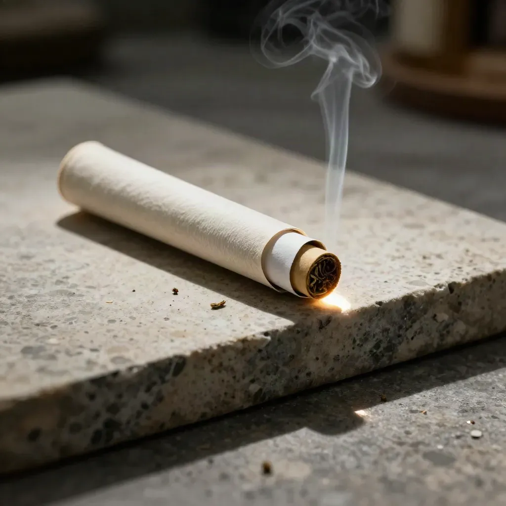 Top-down pre-roll hero on travertine with smoke thread and crumbs