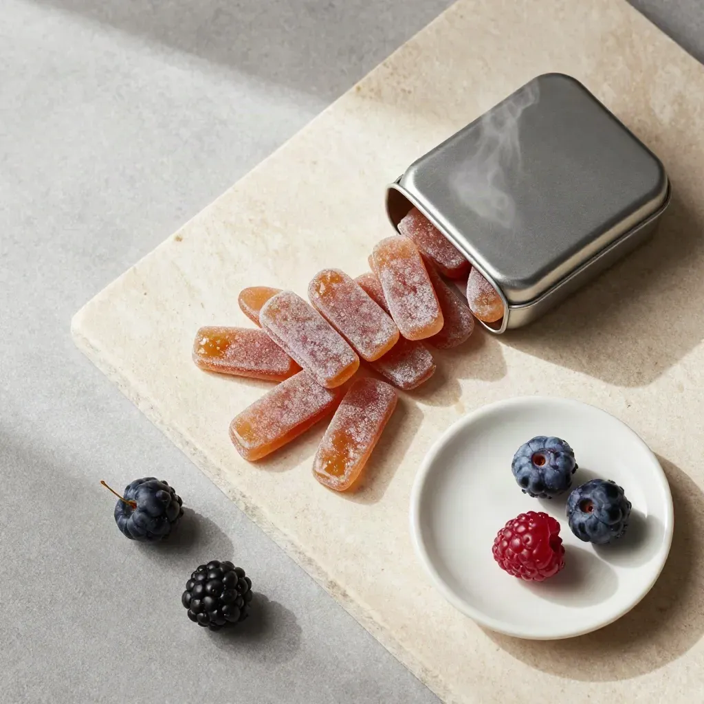 Overhead flatlay of berry chews in an open tin with berries and a cream ceramic plate