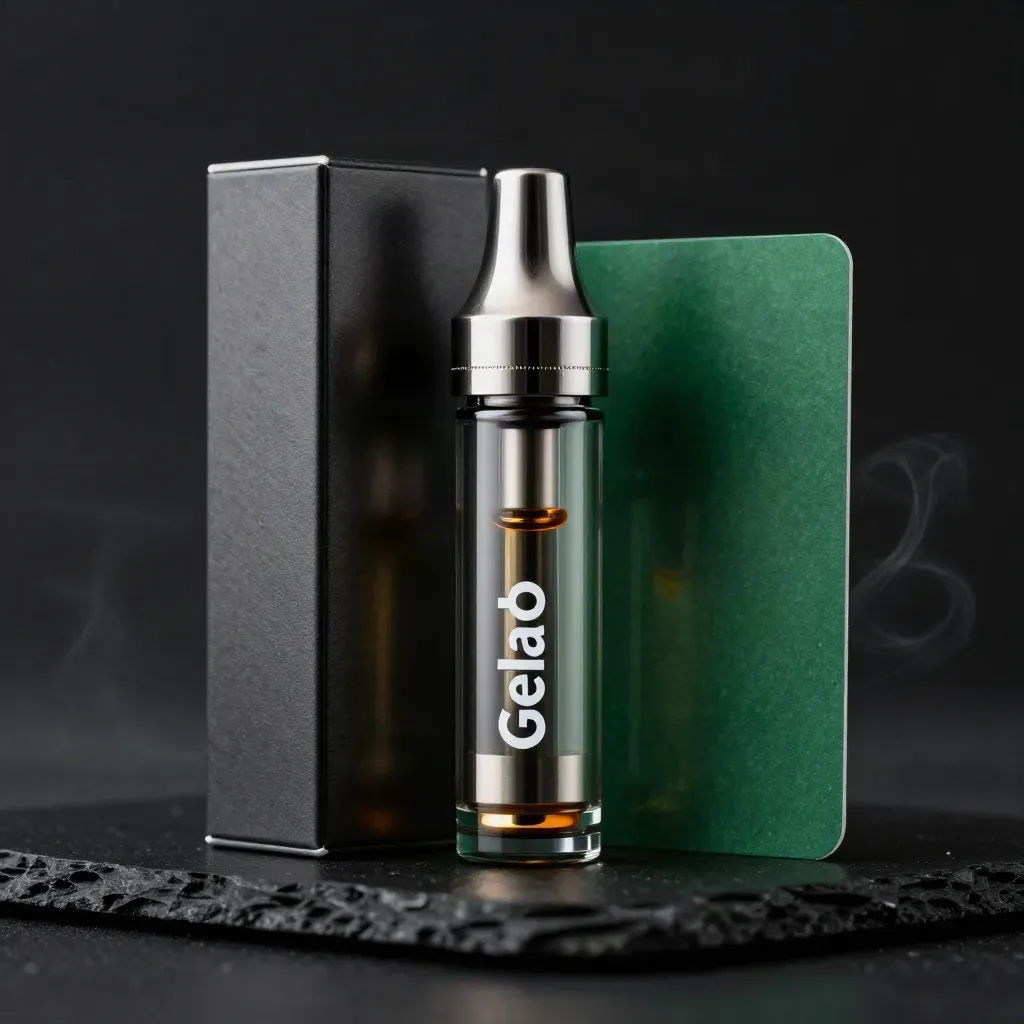 Upright vape cartridge and compact box on black slate with forest-green accent and cool haze.