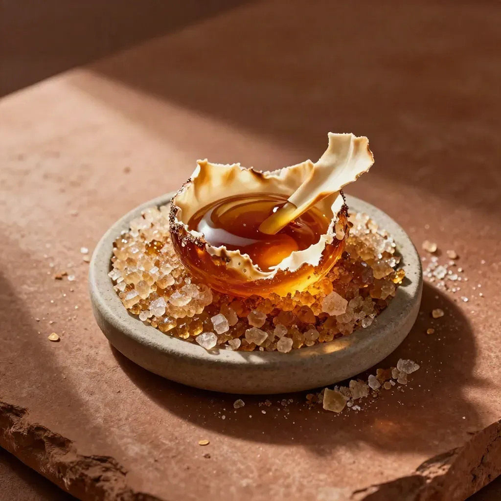 Macro of amber sugar concentrate with a dab tool and parchment shards on terracotta.