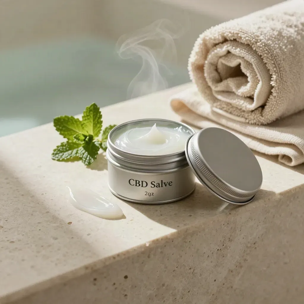 Open mint CBD salve tin with cloth and mint leaves on a travertine spa ledge.