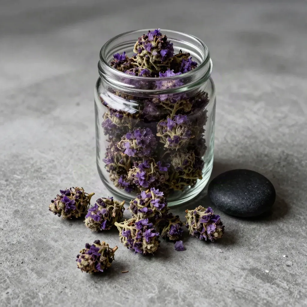 Overhead flatlay of a clear jar of Purple Punch flower with loose buds and a charcoal ceramic pebble.